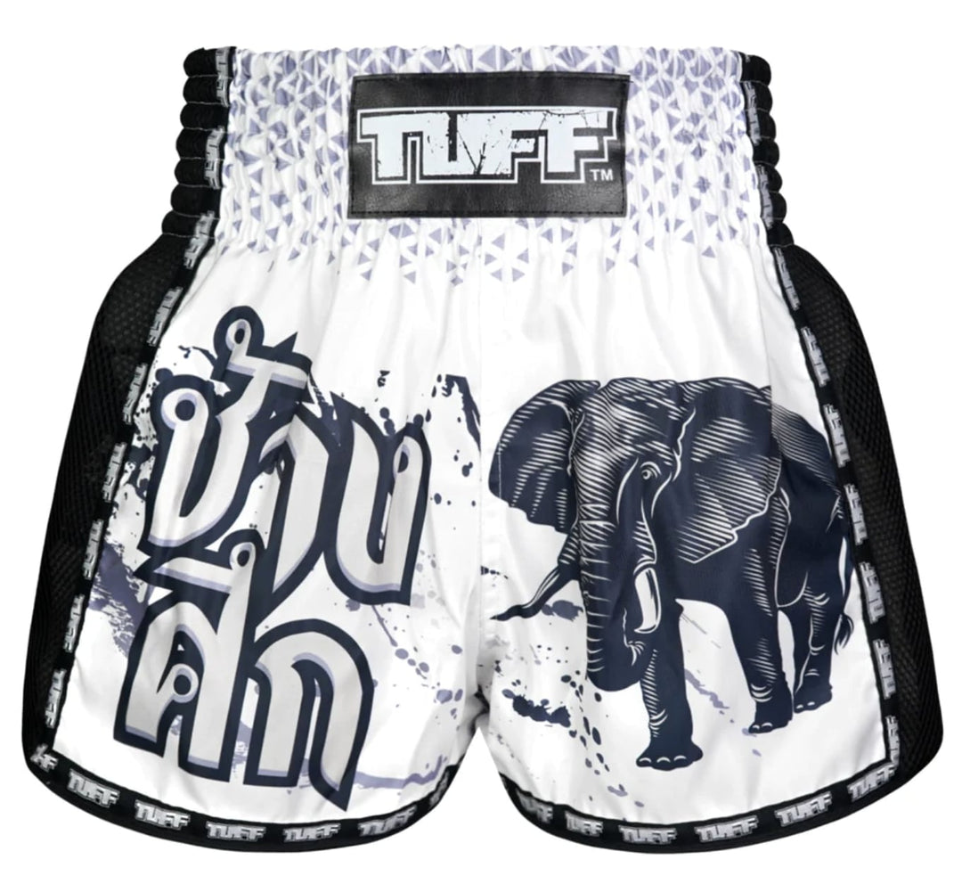 Shorts de Muay Thai Tuff New Retro War Elephant Blanco