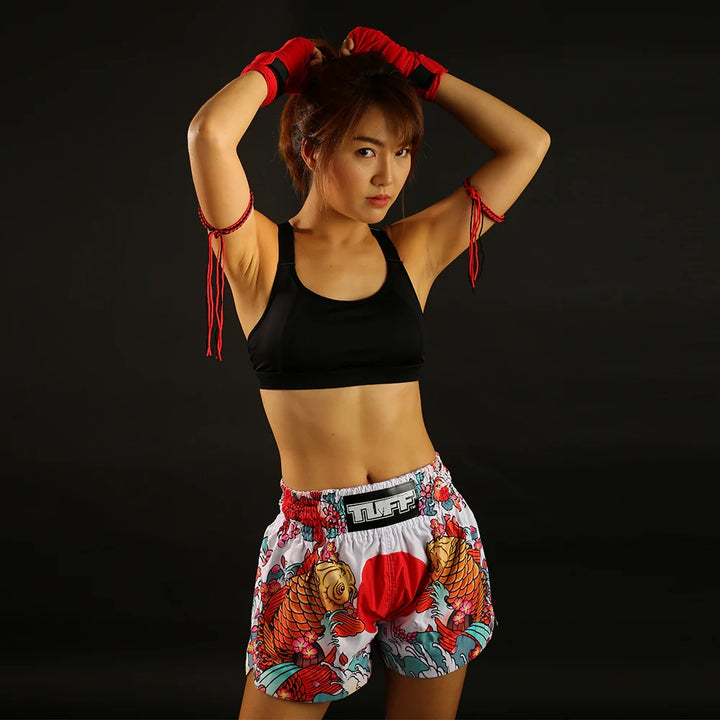 Shorts de Muay Thai Tuff Japanese Koi Fish Coral Blanco
