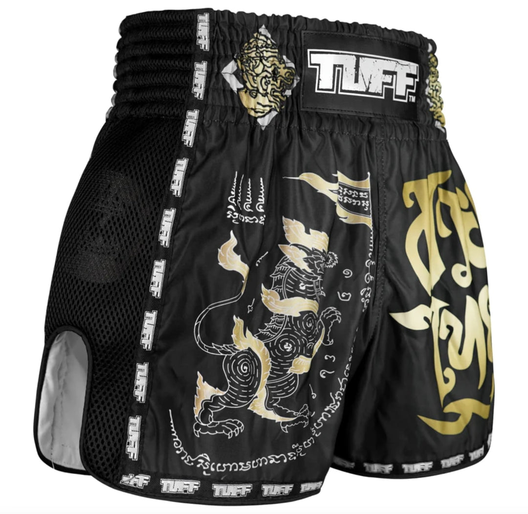 Shorts de Muay Thai Tuff New Retro Singha Yantra with War Flag Negro