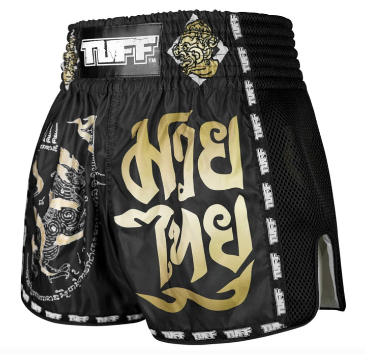 Shorts de Muay Thai Tuff New Retro Singha Yantra with War Flag Negro