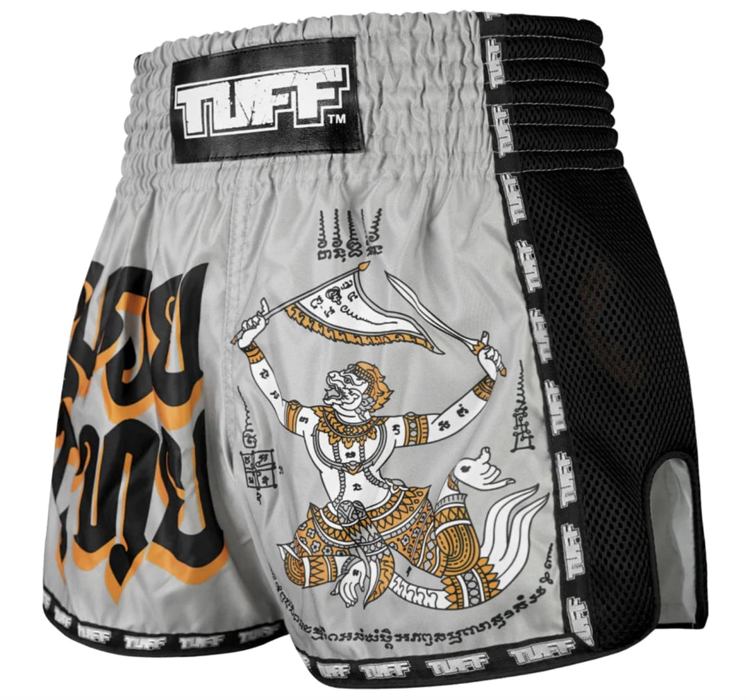 Shorts de Muay Thai Tuff New Retro Hanuman Yantra with War Flag Gris