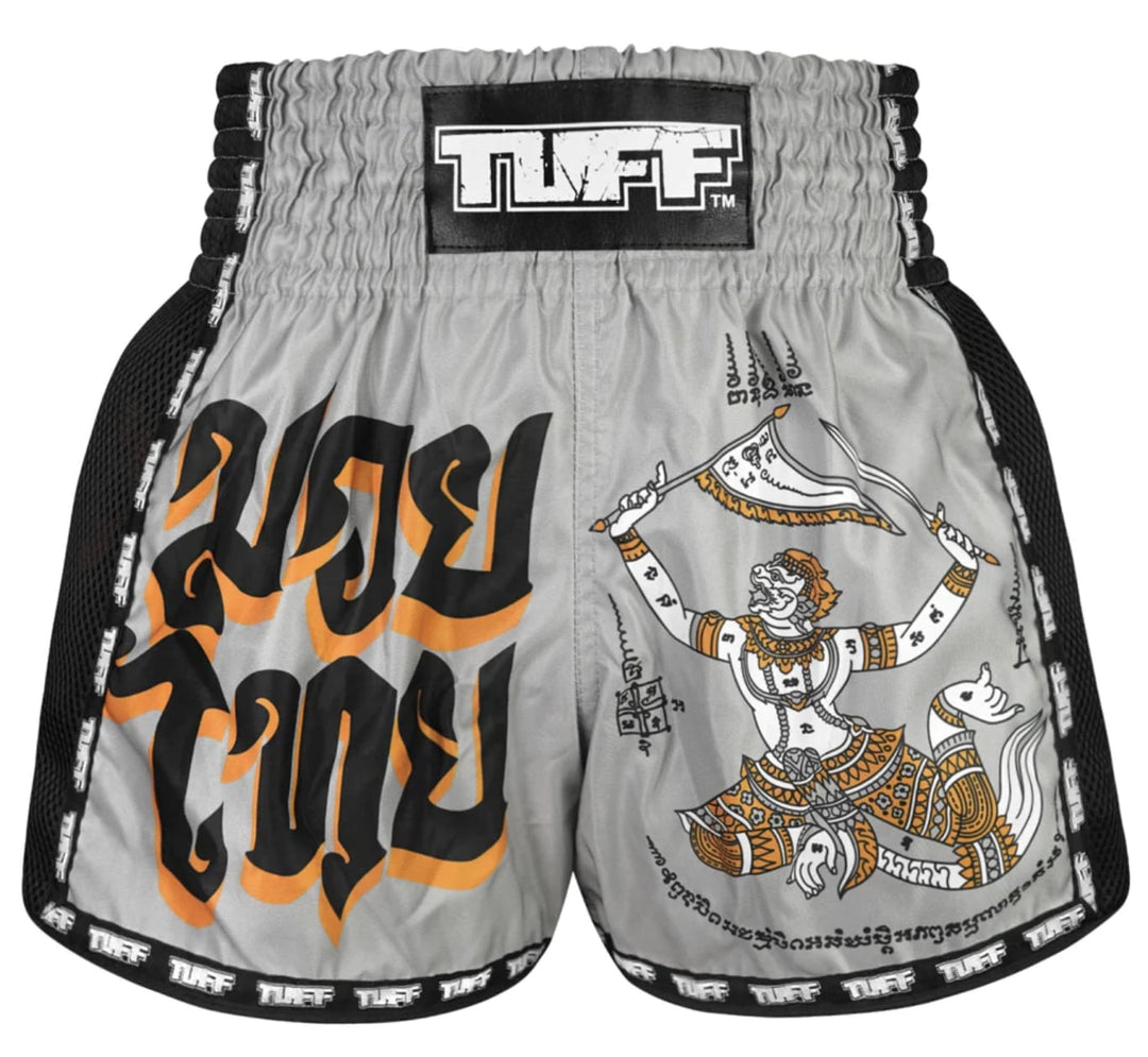 Shorts de Muay Thai Tuff New Retro Hanuman Yantra with War Flag Gris