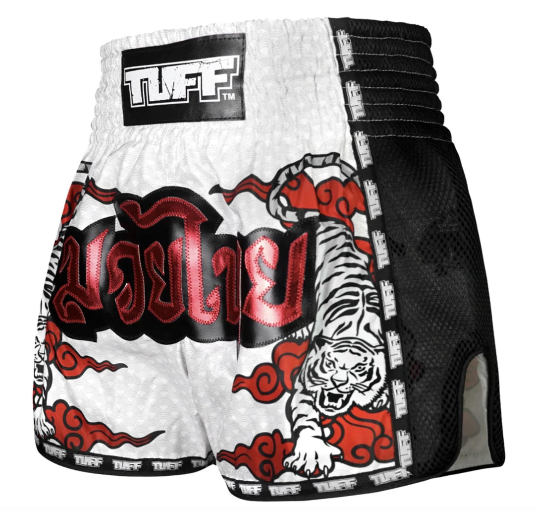 Shorts de Muay Thai Tuff New Retro Double Tiger Blanco