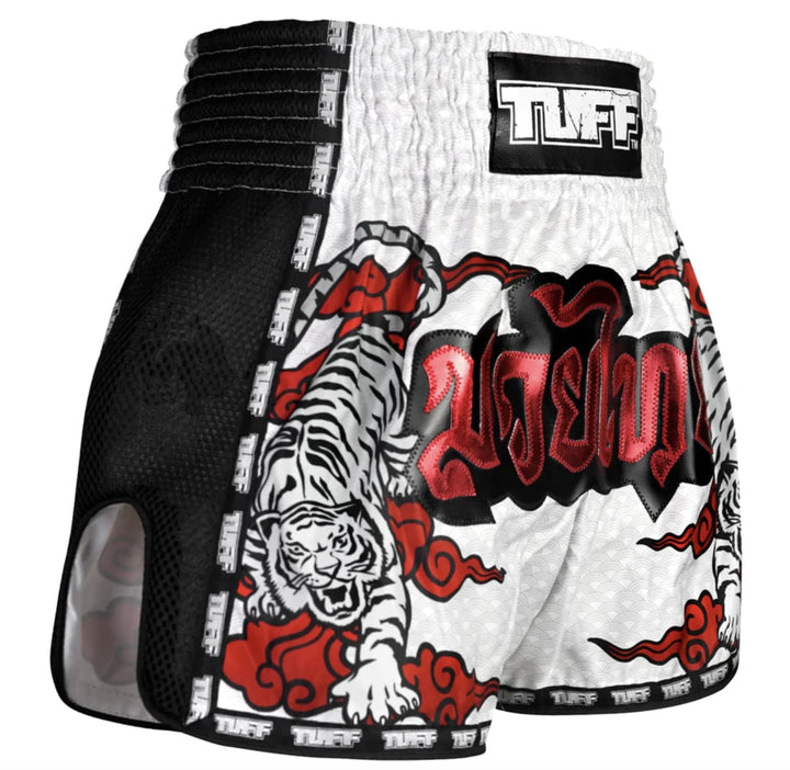 Shorts de Muay Thai Tuff New Retro Double Tiger Blanco