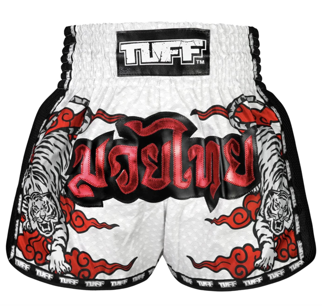 Shorts de Muay Thai Tuff New Retro Double Tiger Blanco