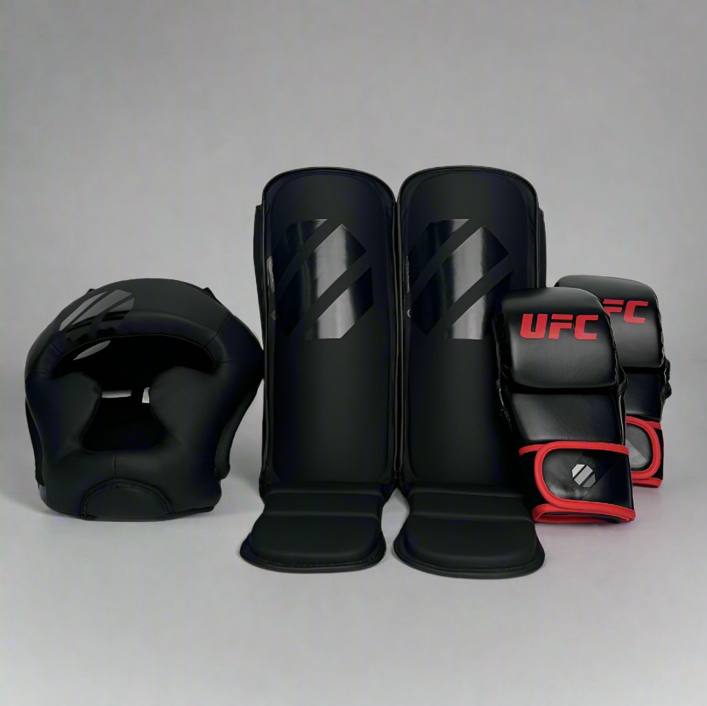 Combo UFC Sparring: Guantes + Canilleras + Cabezal UFC - 100% Poliuretano