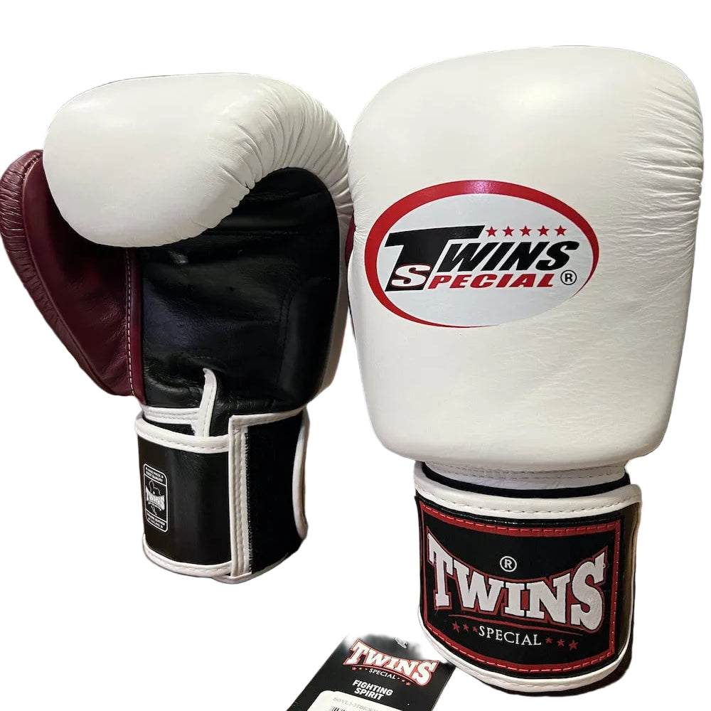 Guantes de Boxeo Twins Special 3T BGVL3-3T Negro-Blanco-Guinda - 100% Cuero