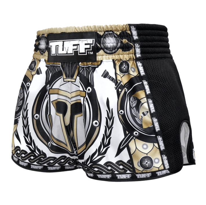Shorts de Muay Thai Tuff Retro Golden Gladiator Blanco