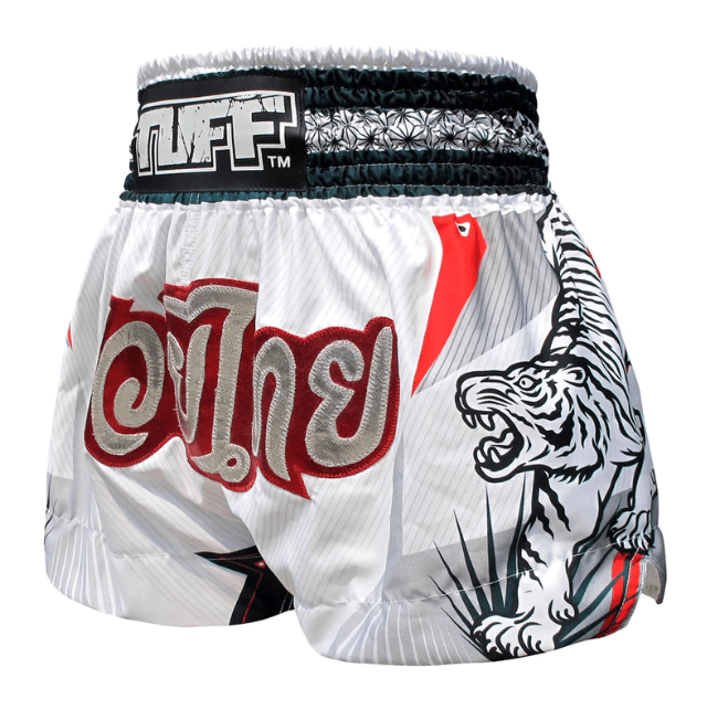 Shorts de Muay Thai Tuff Thunderbolt and Tiger Blanco