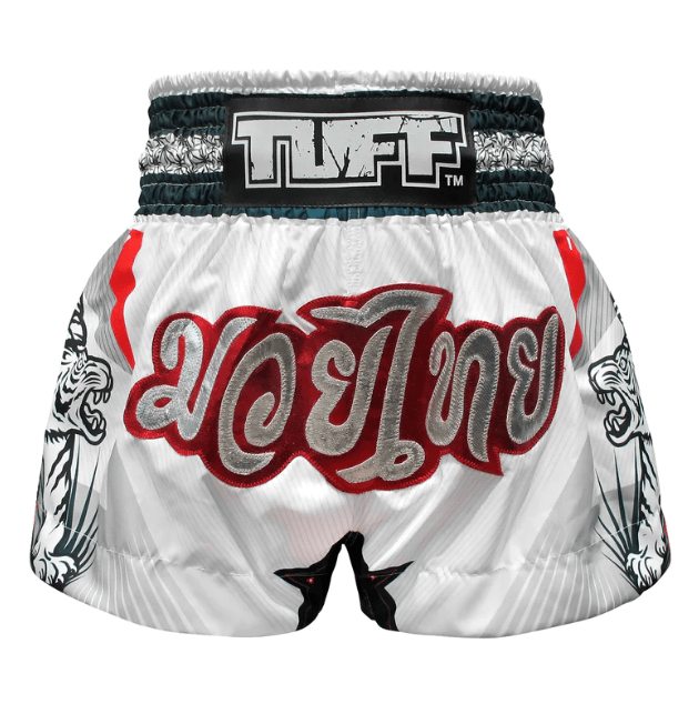 Shorts de Muay Thai Tuff Thunderbolt and Tiger Blanco