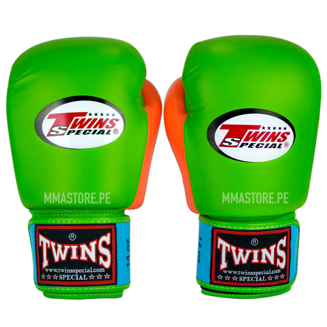 Guantes Twins Special Muay Thai - Boxeo - 3T -Verde-Naranja- Celeste - 100% Cuero - MMA Store Peru