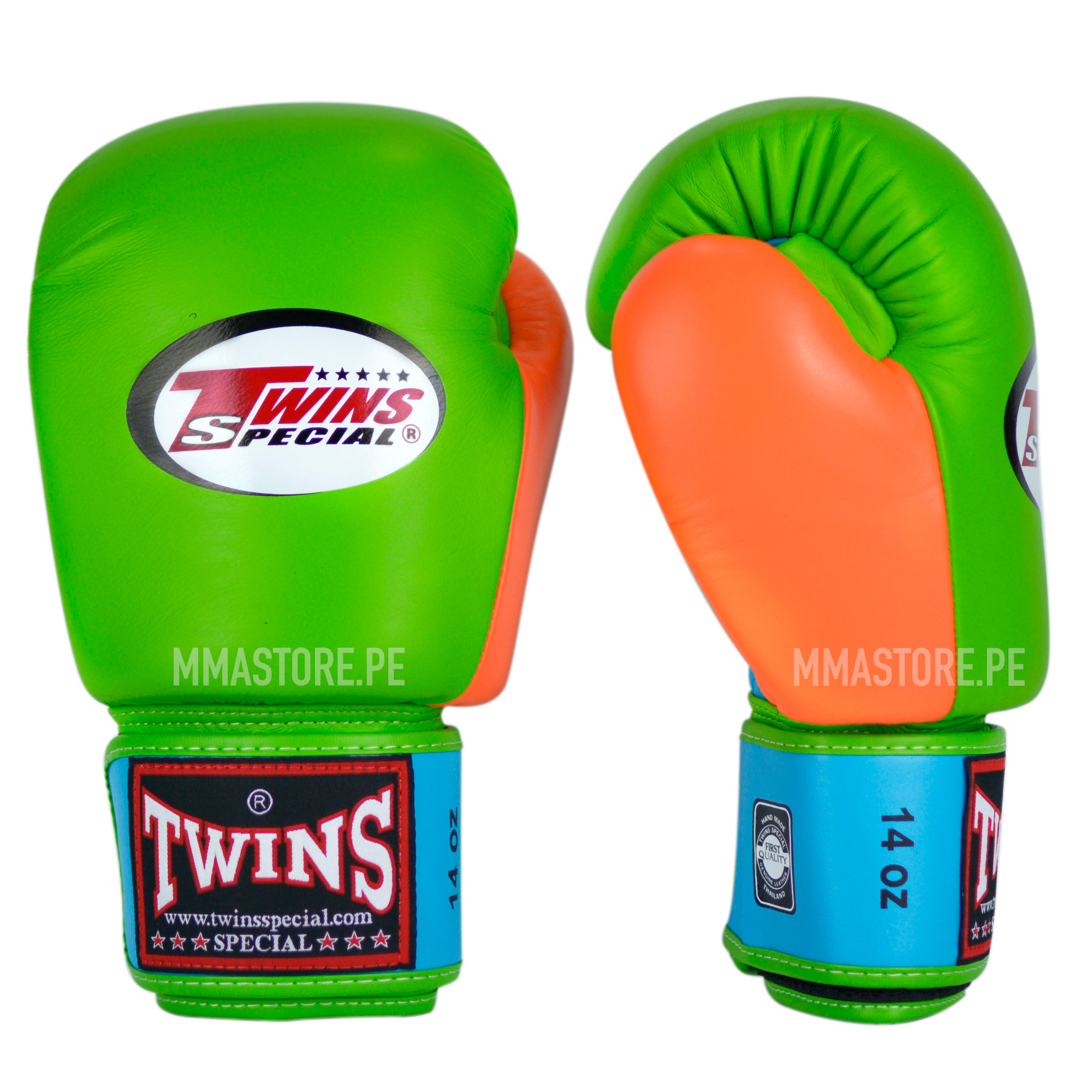 Guantes Twins Special Muay Thai - Boxeo - 3T -Verde-Naranja- Celeste - 100% Cuero - MMA Store Peru