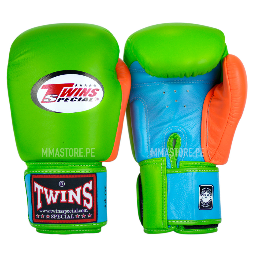 Guantes Twins Special Muay Thai - Boxeo - 3T -Verde-Naranja- Celeste - 100% Cuero - MMA Store Peru