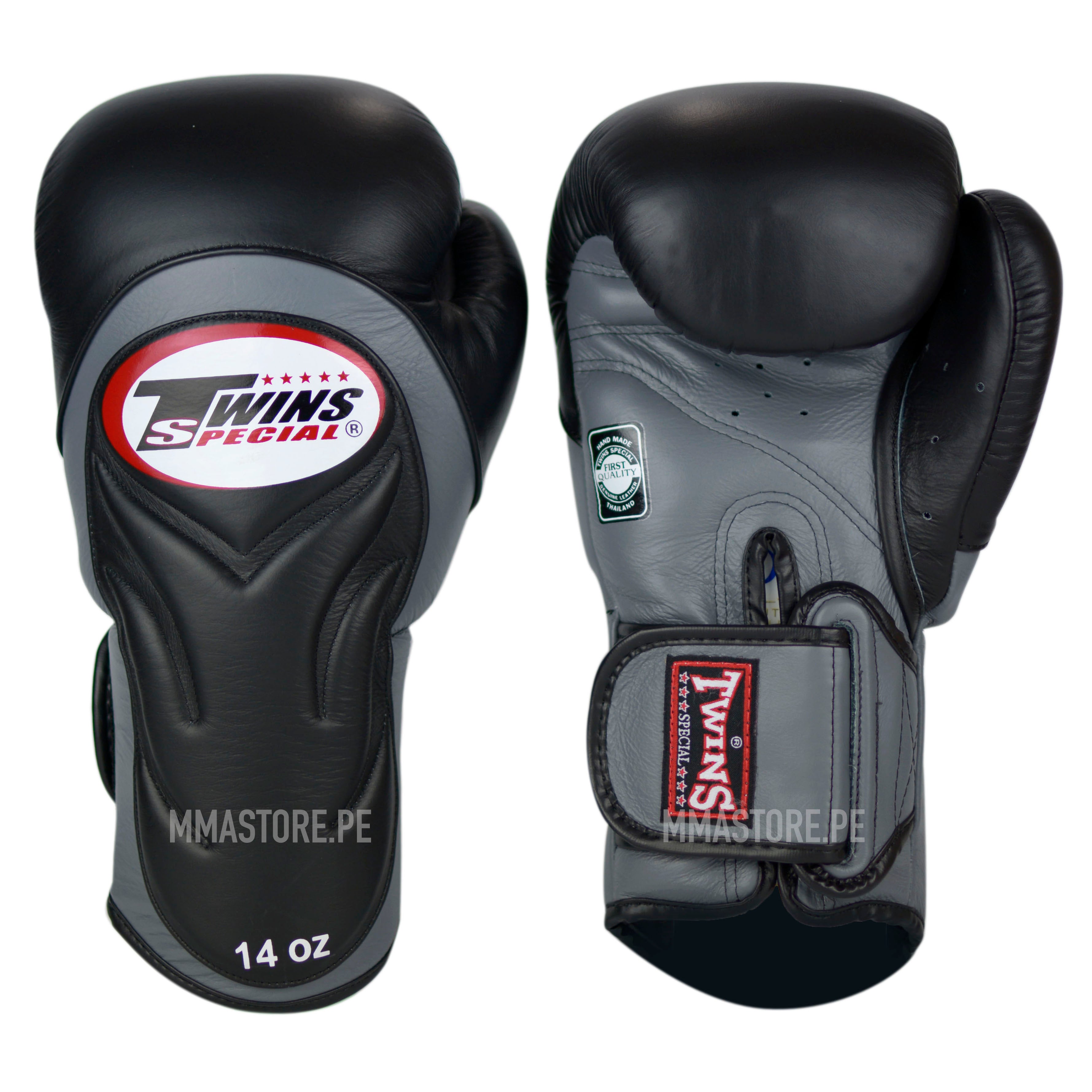 Guantes Twins Special Muay Thai - Boxeo - Extended - Negro- Gris - 100% Cuero - MMA Store Peru